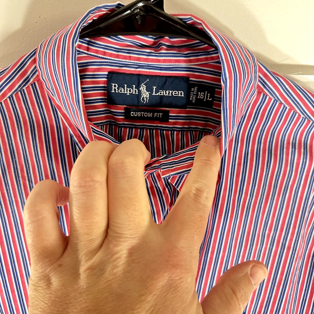 Polo Ralph Lauren Button Up Shirt Mens 16 L Pink‎ White Blue Pinstripe